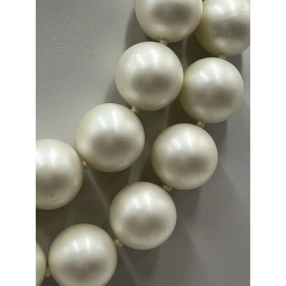 Vintage Large Double Strand Ivory Faux Acrylic Pearl Gold Tone Hook Necklace 20m